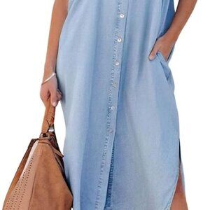 Women's Summer Loose Hand Pocket Midi Long Tunic Denim Shirt Dress